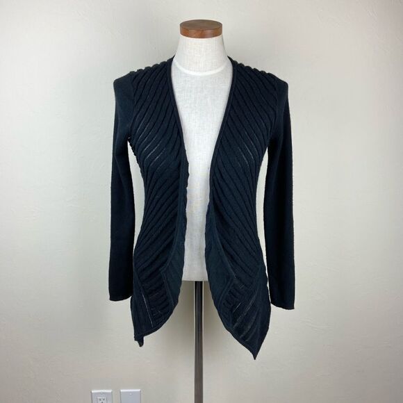 Eileen Fisher Ribbed Wool-Blend Open-Front Cardigan Sweater - Black - Picture 1 of 6